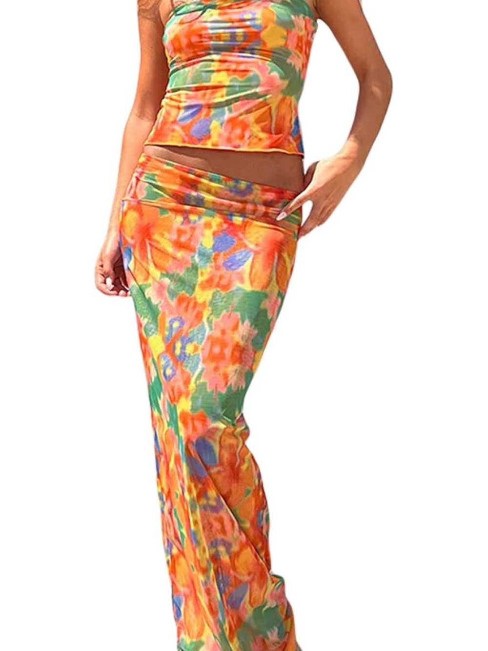 Women’s Floral Orange Green Maxi Skirt Set